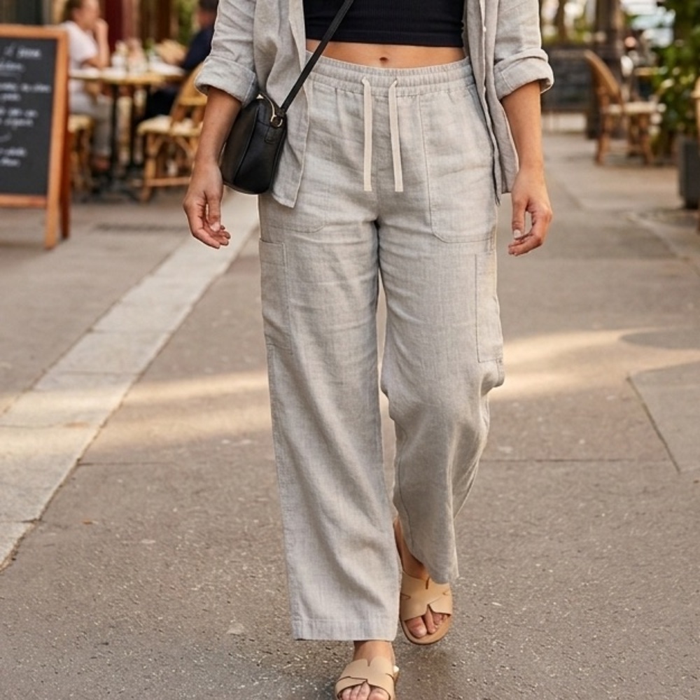L.L. Bean Women's Wide Leg Linen-Blend Pants in Light Stone